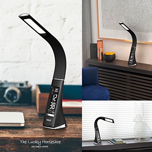 WILIT U2 5 W Lámpara de mesa LED, lámpara de escritorio con pantalla regulable, despertador, calendario, pantalla de temperatura y cuello de ganso, negro