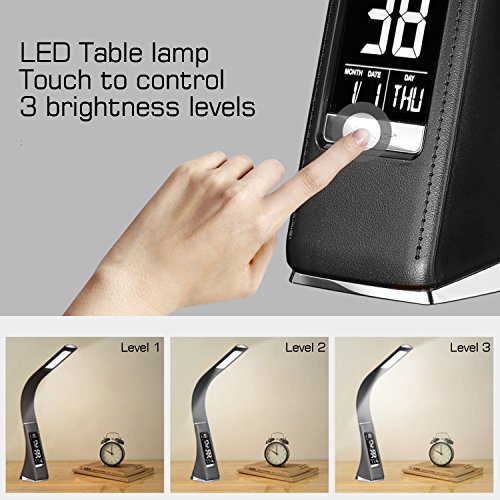 WILIT U2 5 W Lámpara de mesa LED, lámpara de escritorio con pantalla regulable, despertador, calendario, pantalla de temperatura y cuello de ganso, negro