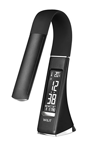 WILIT U2 5 W Lámpara de mesa LED, lámpara de escritorio con pantalla regulable, despertador, calendario, pantalla de temperatura y cuello de ganso, negro