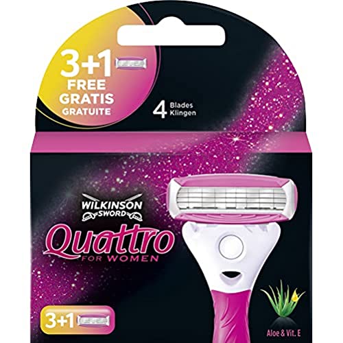 Wilkinson Sword Quattro - Recâmbios para Maquina de Afeitar para Mujer, 3 + 1 Hojas Rosa, 4 Unidades
