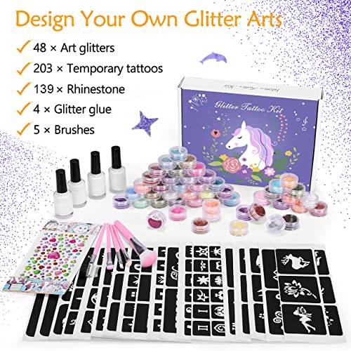 Winpok Tatuajes Purpurina, 48 Colores Kit de Tatuajes Temporales con 203 Plantillas, Tatuaje de Brillo Impermeable No Tóxico, Regalos para Niños Niñas Adultos Fiesta