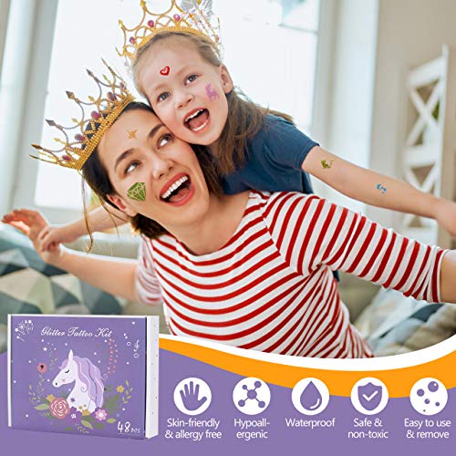 Winpok Tatuajes Purpurina, 48 Colores Kit de Tatuajes Temporales con 203 Plantillas, Tatuaje de Brillo Impermeable No Tóxico, Regalos para Niños Niñas Adultos Fiesta