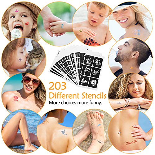 Winpok Tatuajes Purpurina, 48 Colores Kit de Tatuajes Temporales con 203 Plantillas, Tatuaje de Brillo Impermeable No Tóxico, Regalos para Niños Niñas Adultos Fiesta