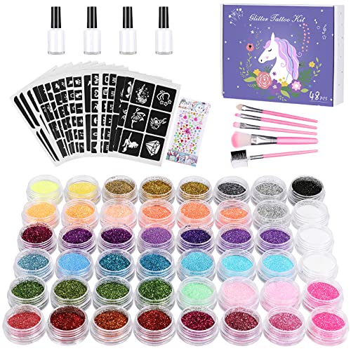 Winpok Tatuajes Purpurina, 48 Colores Kit de Tatuajes Temporales con 203 Plantillas, Tatuaje de Brillo Impermeable No Tóxico, Regalos para Niños Niñas Adultos Fiesta