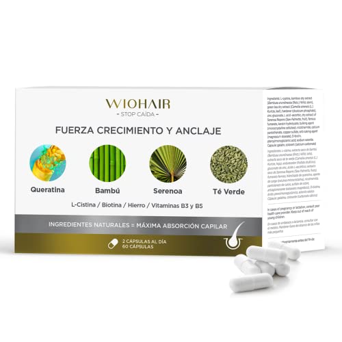 Wiohair Caja de Cápsulas Anticaída | Vitaminas para el Cabello | Fuerza y Crecimiento | Ingredientes Naturales y Queratina | Complemento alimenticio 60 Cápsulas | Hombre y Mujer