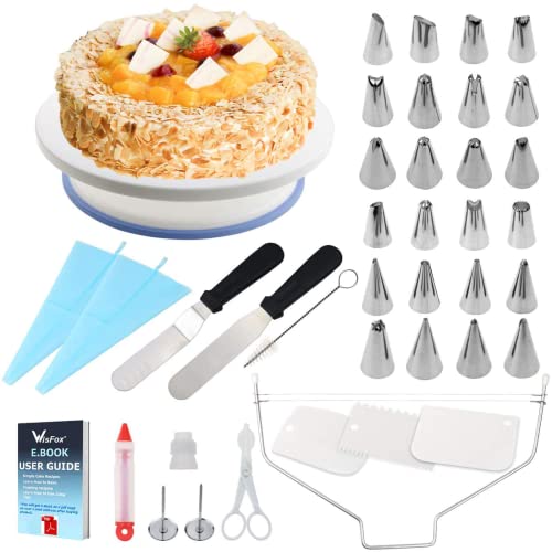 WisFox Cake Turntable, Torta Giratoria, Decoración de Pasteles 24 Boquillas Torta giratoria, 2 Piezas Espátula de formación de Hielo, Bolso de pastelería, Sirope de Torta, Cortador, Flor Levantador