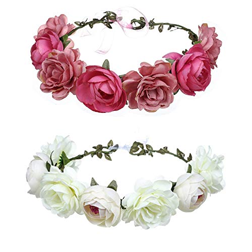 Wohlstand Cinta para el cabello,corona de flores,Flor Hecha a Mano Diadema Corona Floral,ajustable,Novia Corona Boda Halo Guirnalda Floral Bandas Para La Cabeza Casco,para mujer o niñas-2 piezas