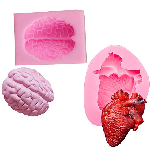 WonDerfulC 2 piezas de moldes 3D de corazón humano y cerebro para helado de chocolate, jabón para aromaterapia, DIY Halloween Sorprise Organ Molde de silicona para tartas