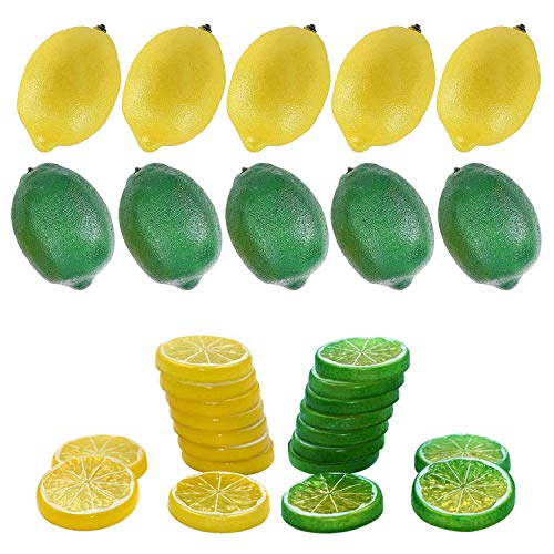 Woohome 30 Pz Artificiales Amarillo Limón 10 Pz Simulación Limón Artificial Realista 20 Pz La Rebanada Falsa del Limón para Decoración, Accesorios para Fotografías, Amarillo y Verde