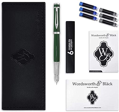 Wordsworth & Black Juego de pluma estilográfica, punta mediana, incluye 6 cartuchos de tinta y convertidor de recarga de tinta, estuche de regalo, bolígrafos de escritura suave [carreras verde]