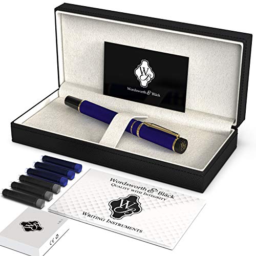 Wordsworth & Black Primori Juego de pluma estilográfica, Punta Mediana, incluye 6 cartuchos de tinta, convertidor de recarga de tinta, estuche de regalo, caligrafía, escritura suave [Oro Azul]