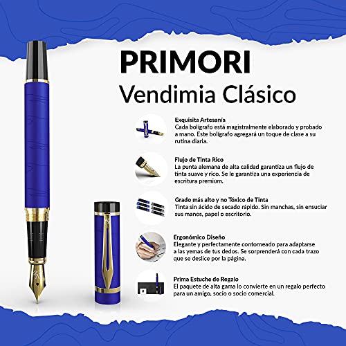 Wordsworth & Black Primori Juego de pluma estilográfica, Punta Mediana, incluye 6 cartuchos de tinta, convertidor de recarga de tinta, estuche de regalo, caligrafía, escritura suave [Oro Azul]