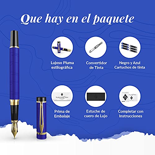 Wordsworth & Black Primori Juego de pluma estilográfica, Punta Mediana, incluye 6 cartuchos de tinta, convertidor de recarga de tinta, estuche de regalo, caligrafía, escritura suave [Oro Azul]