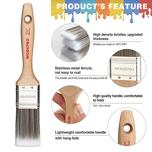 WORKPRO 4 piezas Juego de pinceles profesional, madera brochas pintura con certificación FSC 100%, set de brocha plana y angular 57 mm / 64 mm / 64 mm / 70 mm, sin pérdida de cerdas