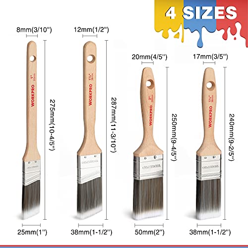 WORKPRO 4 piezas Juego de pinceles profesional, madera brochas pintura con certificación FSC 100%, set de brocha plana y angular 57 mm / 64 mm / 64 mm / 70 mm, sin pérdida de cerdas