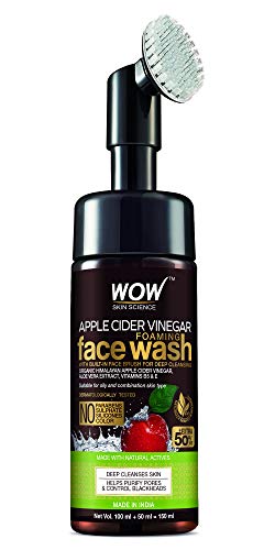 WOW Organic Apple Cider Vinegar Foaming Face Wash with Built-In Brush - No Parabens, Sulphate and Silicones, 100 ml