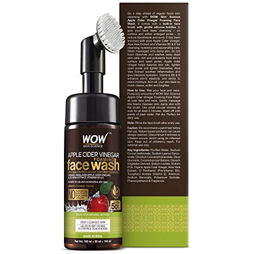 WOW Organic Apple Cider Vinegar Foaming Face Wash with Built-In Brush - No Parabens, Sulphate and Silicones, 100 ml
