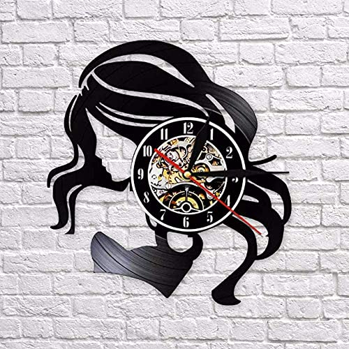 Wwbqcl Reloj de Pared con Logo Retro de peluquería de Mujer Hermosa Hecho de Cuidado del Cabello de Vinilo Reloj de Pared de peluquería de Mujer Hermosa