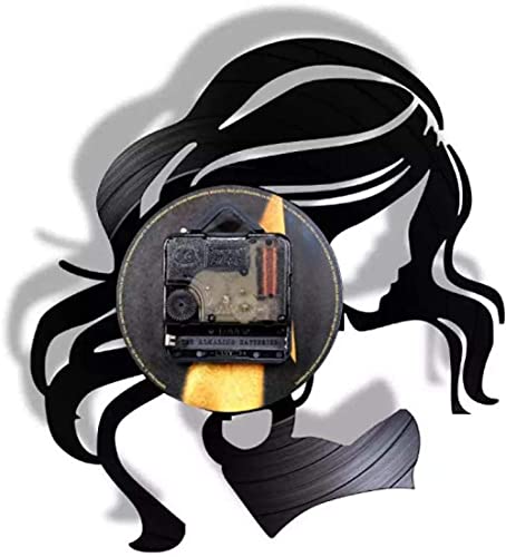 Wwbqcl Reloj de Pared con Logo Retro de peluquería de Mujer Hermosa Hecho de Cuidado del Cabello de Vinilo Reloj de Pared de peluquería de Mujer Hermosa