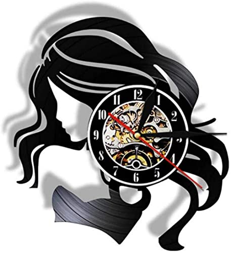 Wwbqcl Reloj de Pared con Logo Retro de peluquería de Mujer Hermosa Hecho de Cuidado del Cabello de Vinilo Reloj de Pared de peluquería de Mujer Hermosa