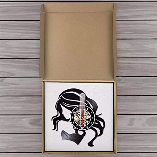 Wwbqcl Reloj de Pared con Logo Retro de peluquería de Mujer Hermosa Hecho de Cuidado del Cabello de Vinilo Reloj de Pared de peluquería de Mujer Hermosa