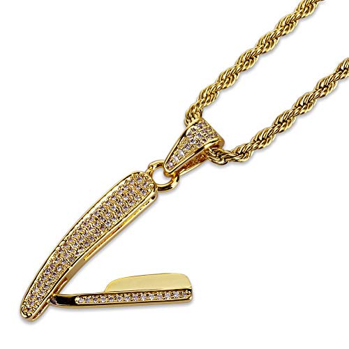 XMcKJ Hip Hop Iced out Bling Ebay Razor Colgante 18k Collar de Cadena Chapado en Oro for Hombres Mujeres