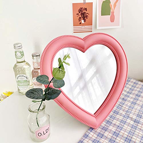 Xyconcep Espejo de maquillaje con forma de corazón de 10.6 pulgadas, decoración de tocador para dormitorio (rosa, 10.6 pulgadas de ancho)