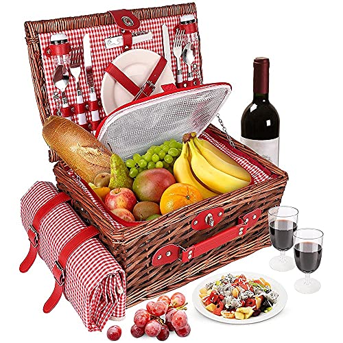 YFY Cesta de Picnic de Mimbre Cesta de Picnic Quad Hecho a Mano Cesta de Picnic Cesta de Picnic Cesta de Almacenamiento al Aire Libre con Tapa