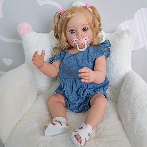 YIHANGG 55CM Silicona Completa Muñeca Reborn Muchacha 22 Pulgadas Realista Bebé Reborn Recién Nacido Pelo Rubio Ojos Azules Princesa con Venas Visibles Regalo para Niños