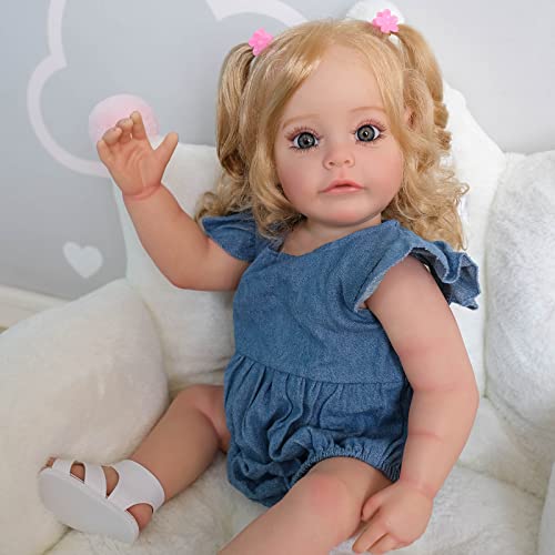 YIHANGG 55CM Silicona Completa Muñeca Reborn Muchacha 22 Pulgadas Realista Bebé Reborn Recién Nacido Pelo Rubio Ojos Azules Princesa con Venas Visibles Regalo para Niños
