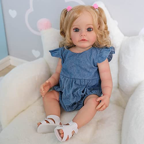 YIHANGG 55CM Silicona Completa Muñeca Reborn Muchacha 22 Pulgadas Realista Bebé Reborn Recién Nacido Pelo Rubio Ojos Azules Princesa con Venas Visibles Regalo para Niños