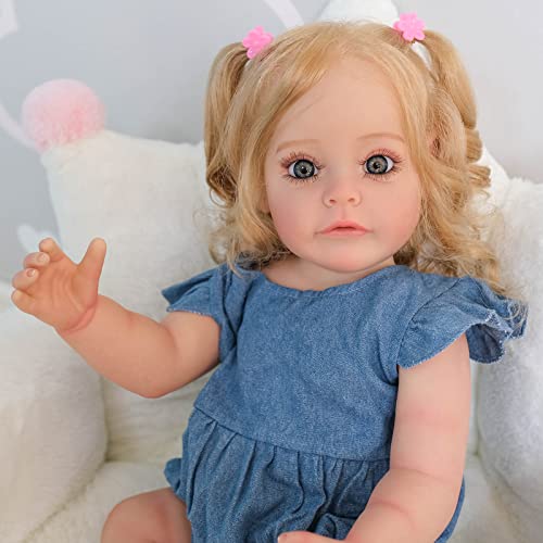 YIHANGG 55CM Silicona Completa Muñeca Reborn Muchacha 22 Pulgadas Realista Bebé Reborn Recién Nacido Pelo Rubio Ojos Azules Princesa con Venas Visibles Regalo para Niños