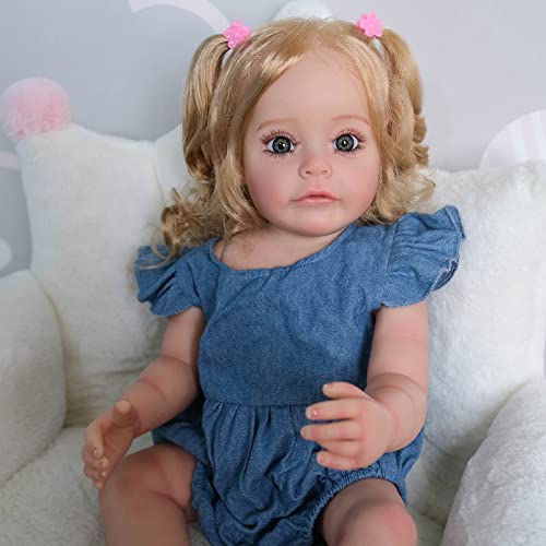YIHANGG 55CM Silicona Completa Muñeca Reborn Muchacha 22 Pulgadas Realista Bebé Reborn Recién Nacido Pelo Rubio Ojos Azules Princesa con Venas Visibles Regalo para Niños