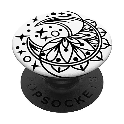 Yin Yang Mandala Flower Stars Lotus Gift Black PopSockets PopGrip: Agarre intercambiable para Teléfonos y Tabletas