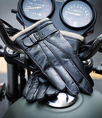 YISEVEN Guantes Hombre Pantalla Táctil Invierno Cuero Oveja Piel corder Dedo Completo Punto Cálidos Forroda Cachemira Largo Térmico Muñeca con cinturón botón Conducción moto, Negro L