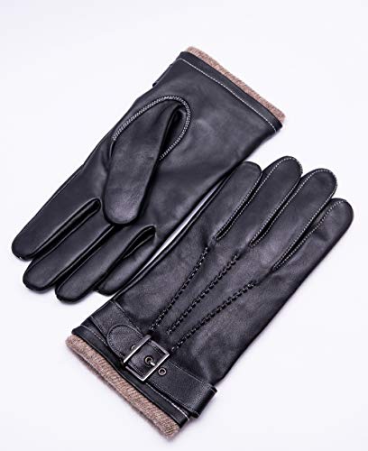 YISEVEN Guantes Hombre Pantalla Táctil Invierno Cuero Oveja Piel corder Dedo Completo Punto Cálidos Forroda Cachemira Largo Térmico Muñeca con cinturón botón Conducción moto, Negro L