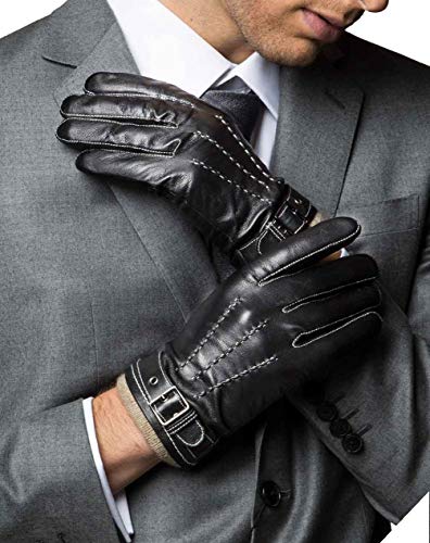 YISEVEN Guantes Hombre Pantalla Táctil Invierno Cuero Oveja Piel corder Dedo Completo Punto Cálidos Forroda Cachemira Largo Térmico Muñeca con cinturón botón Conducción moto, Negro L