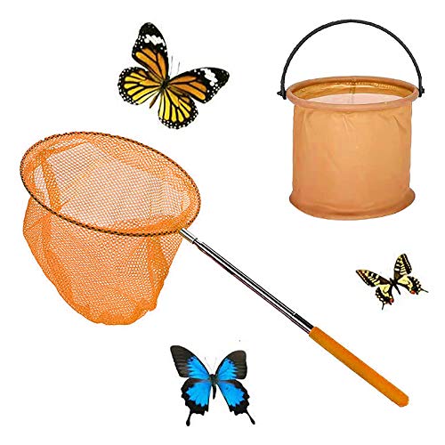 Yisscen Redes de Mariposa Telescópicas Red de Pesca Ninos con Cubos Plegables y Varilla Telescópica, para Atrapar Insectos, Pescar, Actividades de Jardín al Aire Libre(arancia)