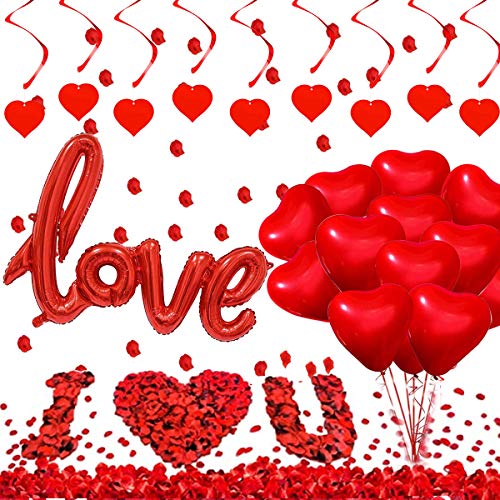 YiYa Juego de Decoraciones de San Valentín Contiene Globos en Forma de corazón Love Globos de Papel de Aluminio pétalos Rosa y remolinos de corazón para el día de San Valentín Boda Fiesta decoración