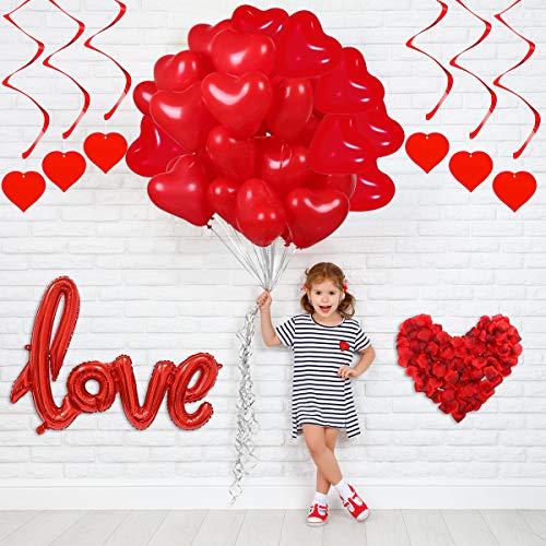 YiYa Juego de Decoraciones de San Valentín Contiene Globos en Forma de corazón Love Globos de Papel de Aluminio pétalos Rosa y remolinos de corazón para el día de San Valentín Boda Fiesta decoración