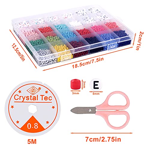 YLXQJIN Cuentas de Colores, Perlas de Vidrio, 3mm Mini Cuentas Cristal Abalorios Kit de Abalorios para Hacer con Caja de Almacenamiento de 24 celosías, Elástico, Tijeras para DIY Pulseras Bisutería