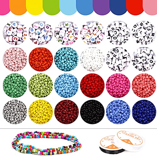 YLXQJIN Cuentas de Colores, Perlas de Vidrio, 3mm Mini Cuentas Cristal Abalorios Kit de Abalorios para Hacer con Caja de Almacenamiento de 24 celosías, Elástico, Tijeras para DIY Pulseras Bisutería