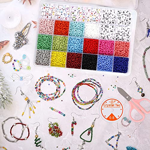YLXQJIN Cuentas de Colores, Perlas de Vidrio, 3mm Mini Cuentas Cristal Abalorios Kit de Abalorios para Hacer con Caja de Almacenamiento de 24 celosías, Elástico, Tijeras para DIY Pulseras Bisutería