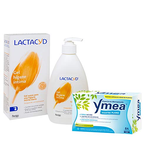 Ymea Vientre Plano - Tratamiento de la Menopausia, Apto para uso prolongado sin estrogenos, 64 Capsulas, Tratamiento 1 mes + Lactacyd Gel de Higiene Íntima Diario, Ph Equilibrado, sin jabón, 400 ml