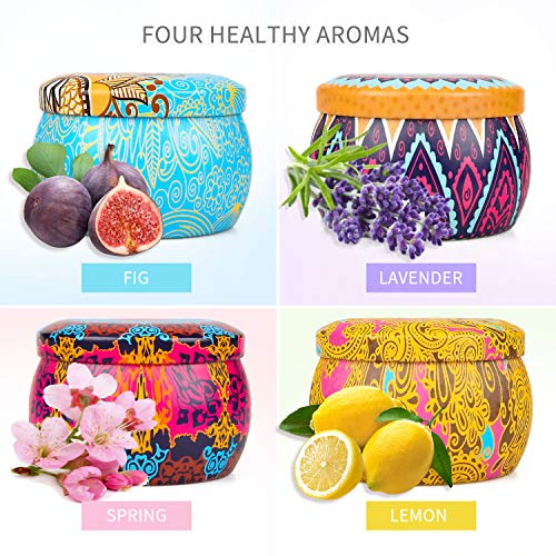 YMing Velas Aromática, Juego de 4 Piezas 5.65Oz Velas Perfumadas, Estaño de Viaje de Cera Natural de Soja Portátil, Regalos Originales para Mujer, Aliviar el Estrés y Aromaterapia