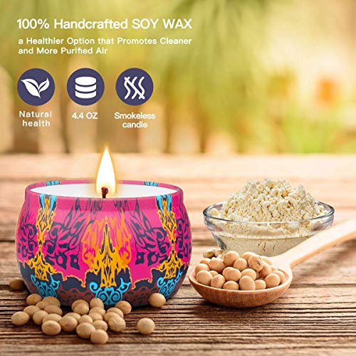 YMing Velas Aromática, Juego de 4 Piezas 5.65Oz Velas Perfumadas, Estaño de Viaje de Cera Natural de Soja Portátil, Regalos Originales para Mujer, Aliviar el Estrés y Aromaterapia