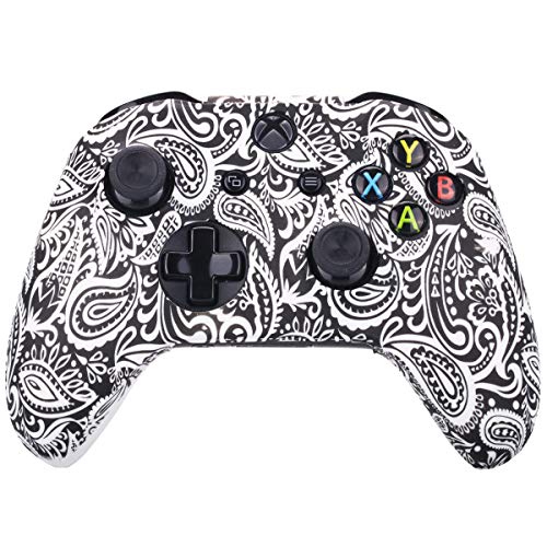 YoRHa Impresión Caucho de Silicona Funda Skin Case Carcasas Piel para Xbox One S/X Mando Controller x 1 (Flores&Blanco) con Agarres para el Pulgar Thumb Grip Pro x 8