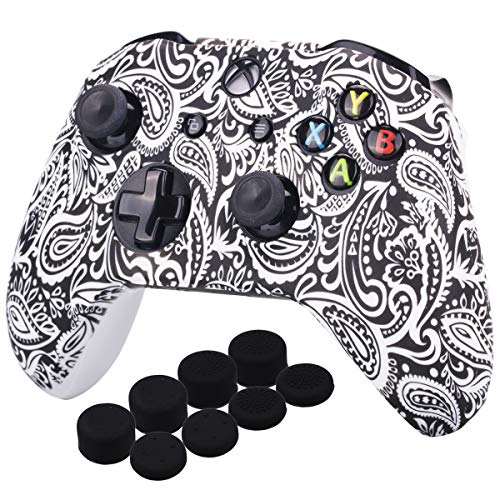 YoRHa Impresión Caucho de Silicona Funda Skin Case Carcasas Piel para Xbox One S/X Mando Controller x 1 (Flores&Blanco) con Agarres para el Pulgar Thumb Grip Pro x 8
