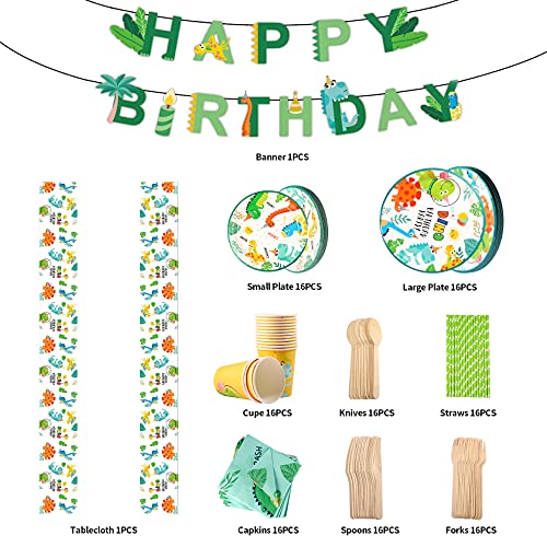 Yosemy 130 Piezas para Fiesta de Cumpleaños, Set de Fiesta de Dinosaurio, Decoraciones para 16 Cumpleaños de Niños,Decoración de Fiesta con Platos,Pajitas,Servilletas,Cubiertos,Pancartas,Manteles