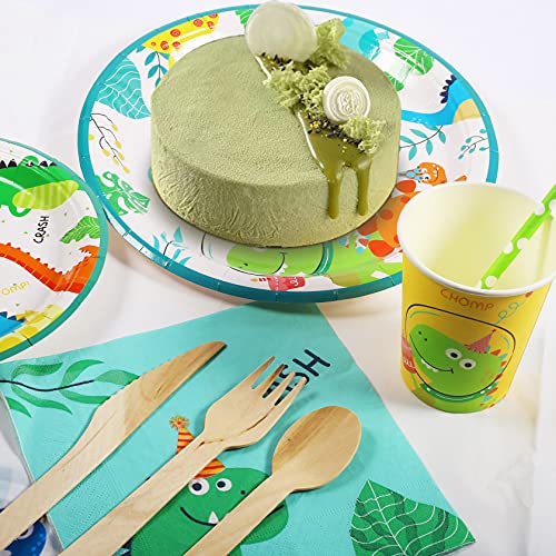 Yosemy 130 Piezas para Fiesta de Cumpleaños, Set de Fiesta de Dinosaurio, Decoraciones para 16 Cumpleaños de Niños,Decoración de Fiesta con Platos,Pajitas,Servilletas,Cubiertos,Pancartas,Manteles